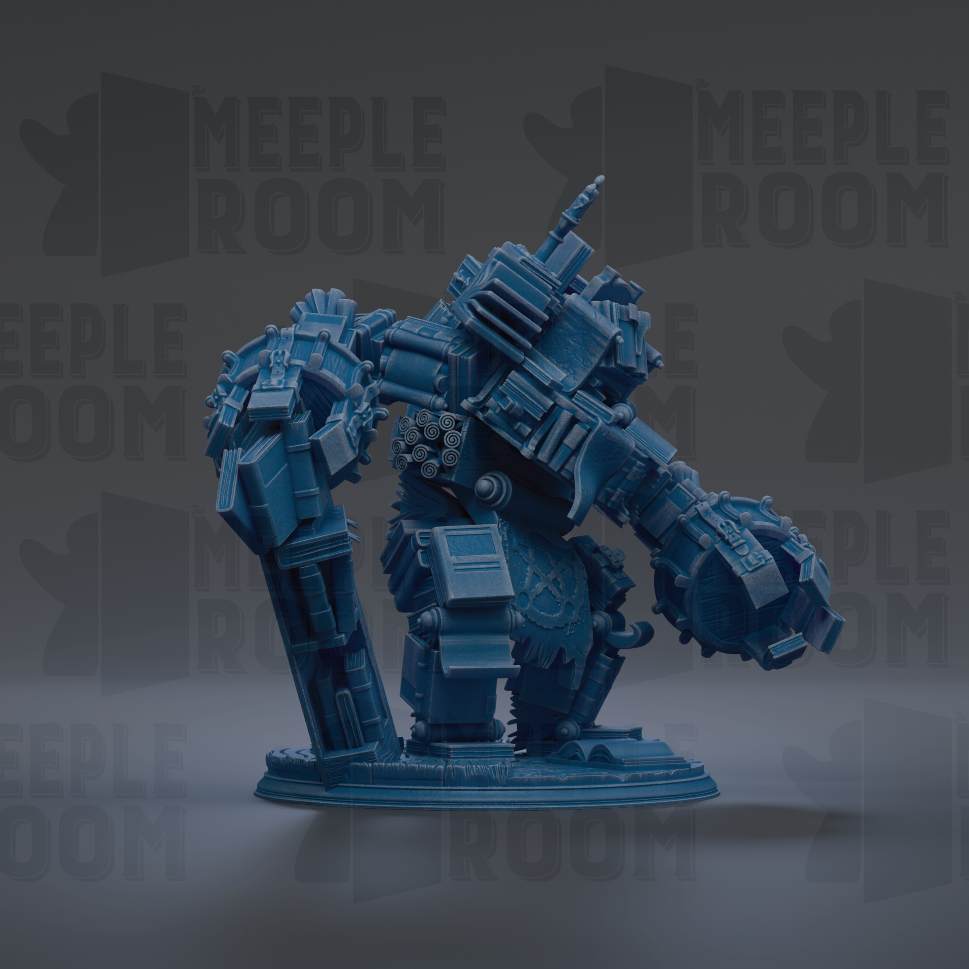 A blue, mechanical robot or machine with various mechanical components and parts, standing on a base.