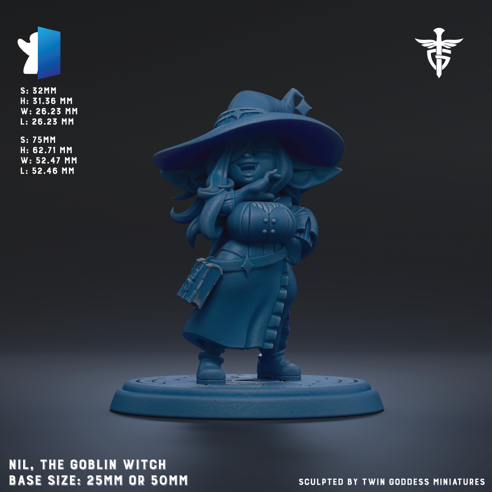 a figurine of a character named NIL, the Goblin Witch, with a detailed and realistic appearance. The figurine is shown in a dynamic pose, standing on a base that is either 25mm or 50mm in diameter. The base size is indicated as either 25mm or 50mm, depending on the perspective. The figurine is set against a dark background, which emphasizes its details and features. The image is a 3D rendering of the figurine, showcasing its intricate design and craftsmanship.