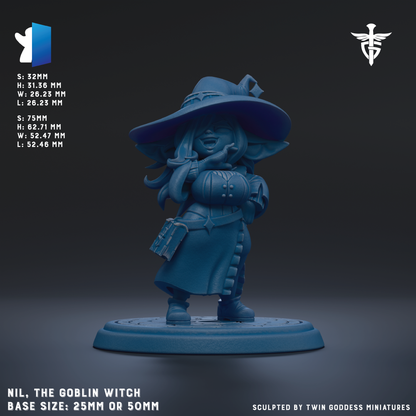 a figurine of a character named NIL, the Goblin Witch, with a detailed and realistic appearance. The figurine is shown in a dynamic pose, standing on a base that is either 25mm or 50mm in diameter. The base size is indicated as either 25mm or 50mm, depending on the perspective. The figurine is set against a dark background, which emphasizes its details and features. The image is a 3D rendering of the figurine, showcasing its intricate design and craftsmanship.