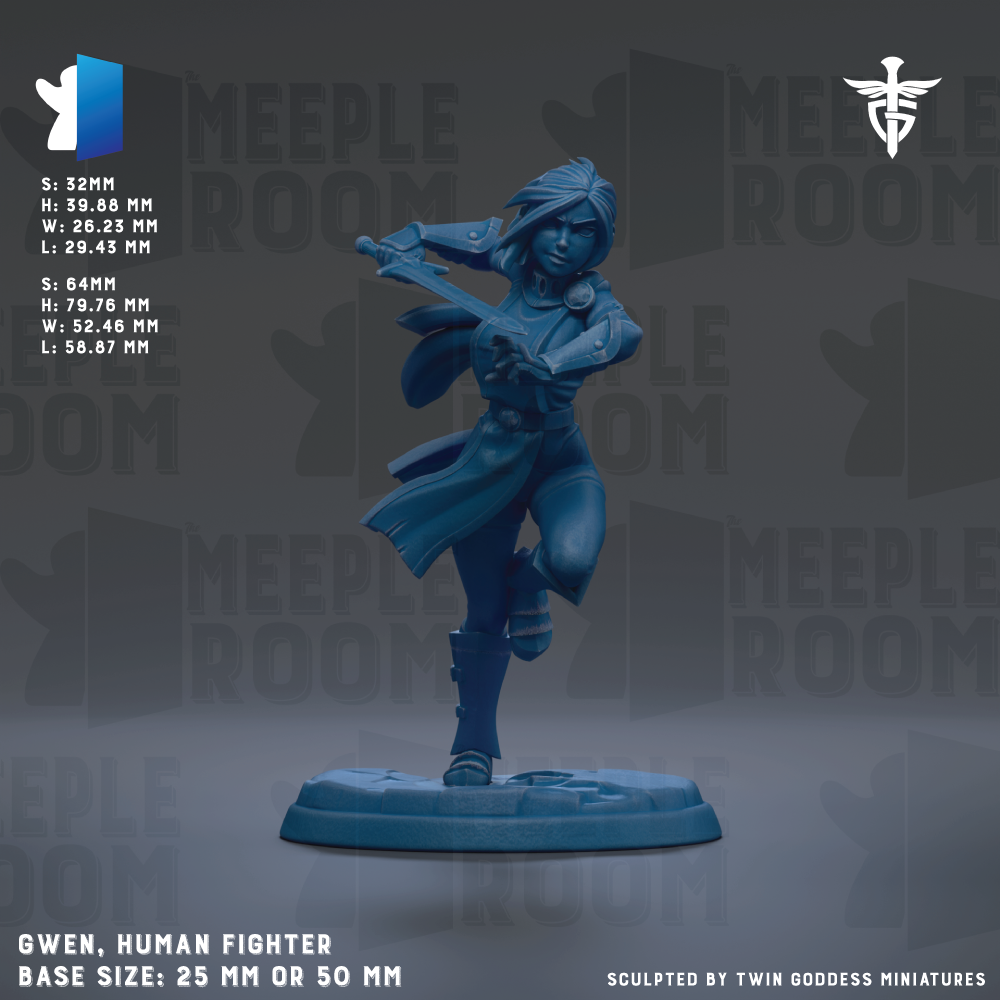 A figurine of a human fighter character, likely a human fighter, posed in a dynamic fighting stance. The figurine is described as a "Human Fighter" and is shown in a dynamic fighting stance, with one leg raised and the other bent at the knee. The figurine is shown in a base size of 25mm or 50mm, depending on the perspective. The image is described as a "Meeple Room" and is part of a collection of figurines.