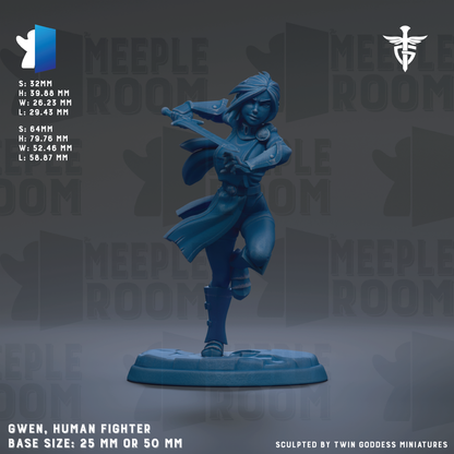 A figurine of a human fighter character, likely a human fighter, posed in a dynamic fighting stance. The figurine is described as a "Human Fighter" and is shown in a dynamic fighting stance, with one leg raised and the other bent at the knee. The figurine is shown in a base size of 25mm or 50mm, depending on the perspective. The image is described as a "Meeple Room" and is part of a collection of figurines.