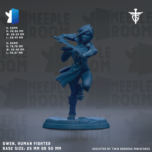 A figurine of a human fighter character, likely a human fighter, posed in a dynamic fighting stance. The figurine is described as a "Human Fighter" and is shown in a dynamic fighting stance, with one leg raised and the other bent at the knee. The figurine is shown in a base size of 25mm or 50mm, depending on the perspective. The image is described as a "Meeple Room" and is part of a collection of figurines.