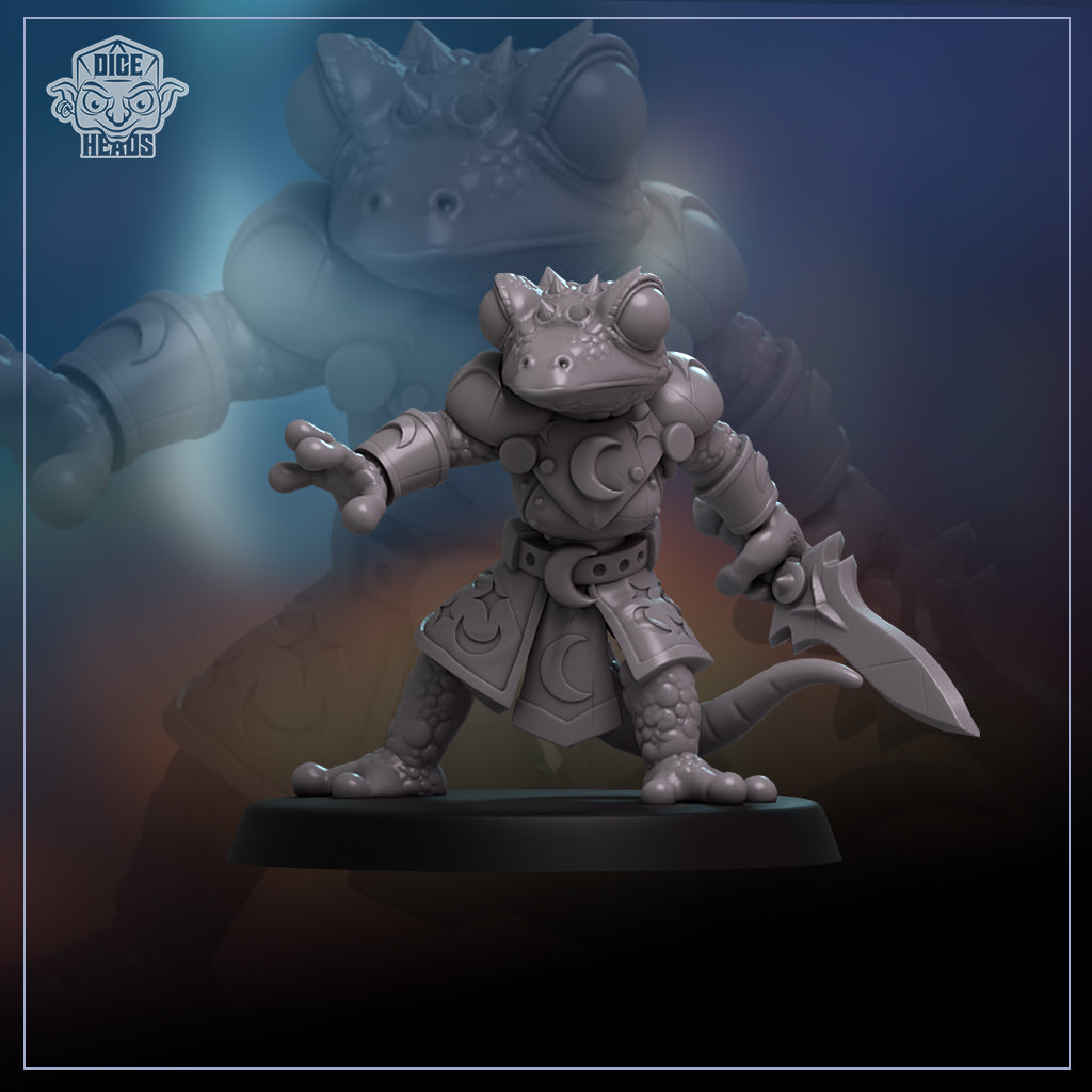 A 3D model of a fantastical creature resembling a frog or salamander, with intricate armor and a sword, is displayed against a dark background.