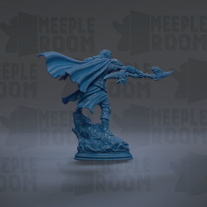 A blue statue of a warrior wielding a sword and shield stands prominently against a dark background with repeated "MEIPLLE ROOM" text.