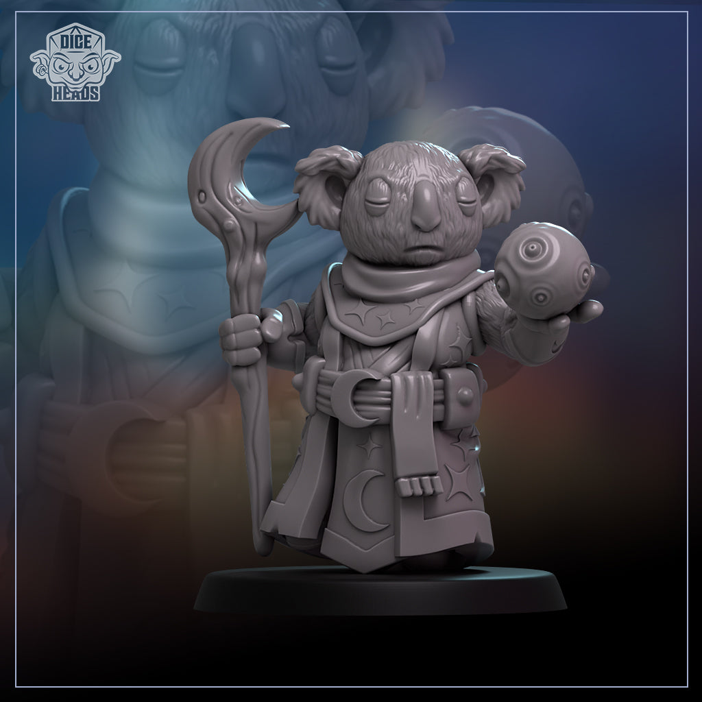 A 3D rendering of a koala character holding a crescent moon and a ball, standing on a base.