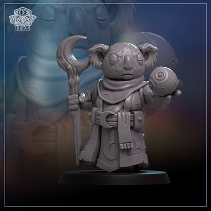 A 3D rendering of a koala character holding a crescent moon and a ball, standing on a base.