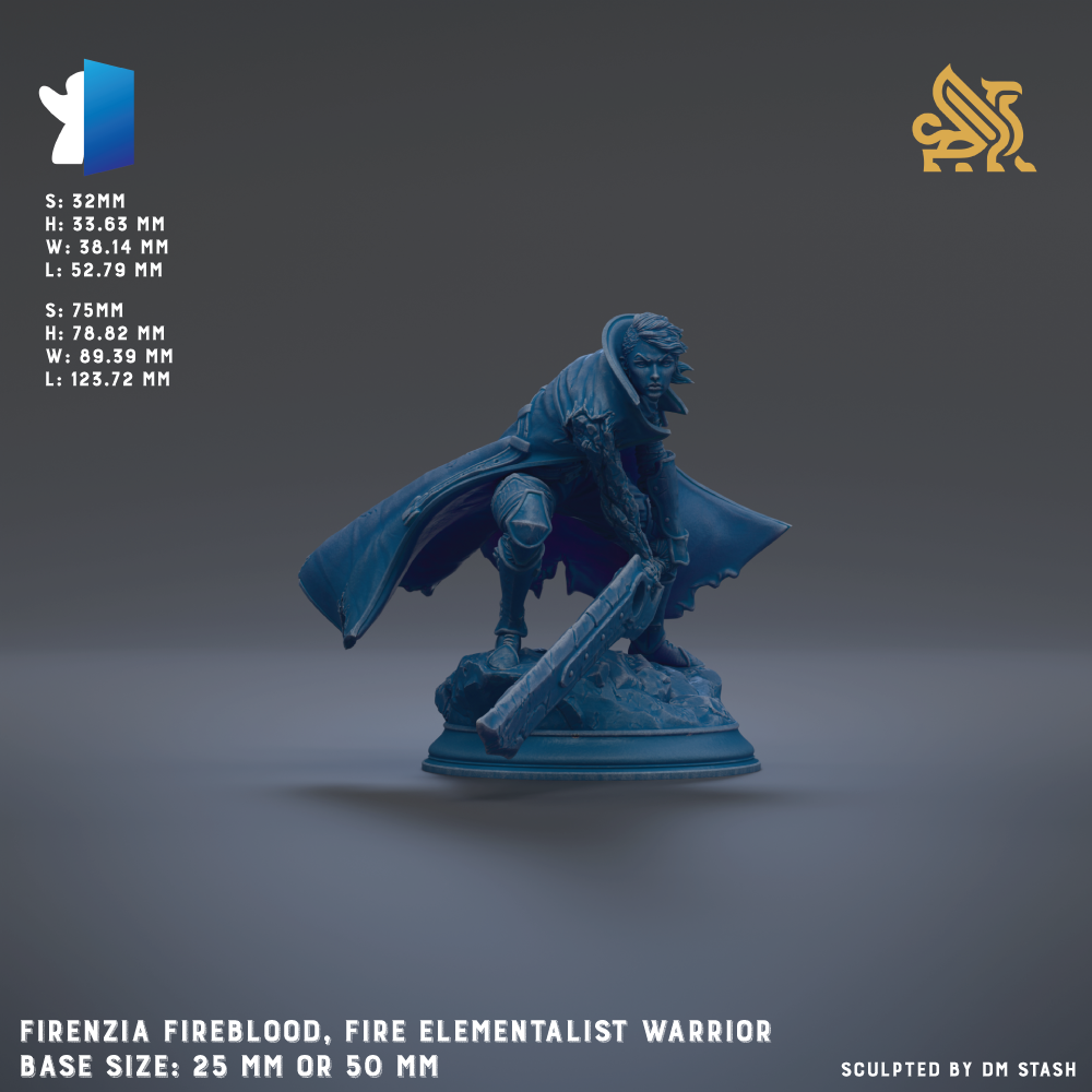 a figurine of a Fire Elementist Warrior, a character from the video game Firezia. The figurine is shown in a dynamic fighting stance, holding a sword and shield. The base size of the figurine is either 25mm or 50mm. The figurine is sculpted by DM Stash.