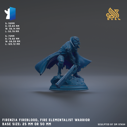a figurine of a Fire Elementist Warrior, a character from the video game Firezia. The figurine is shown in a dynamic fighting stance, holding a sword and shield. The base size of the figurine is either 25mm or 50mm. The figurine is sculpted by DM Stash.