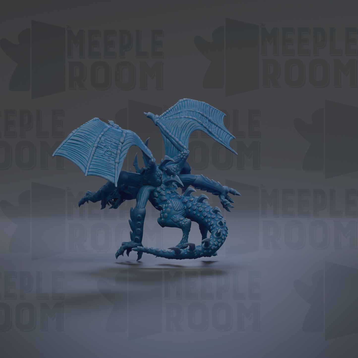 A blue dragon figurine is shown against a dark background with repeated text.
