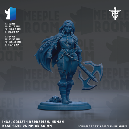 a detailed figurine of a female character, likely a female warrior or barbarian, with a sword and a shield. The figurine is in a standing position, and the background is dark, which emphasizes the figure. The figurine is described as having a base size of 25mm or 50mm, indicating its size and dimensions. The image is a collage of multiple images, and it is not a single image but a collection of images that together create a single scene.