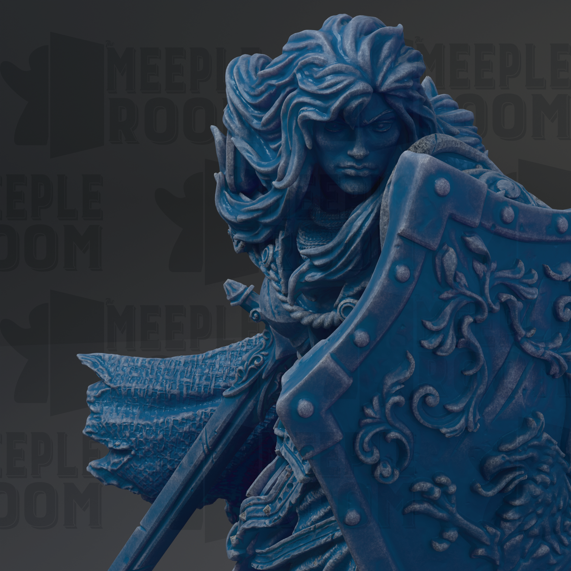 A detailed 3D rendering of a female warrior figure, with intricate blue armor and flowing hair, holding a sword and shield.