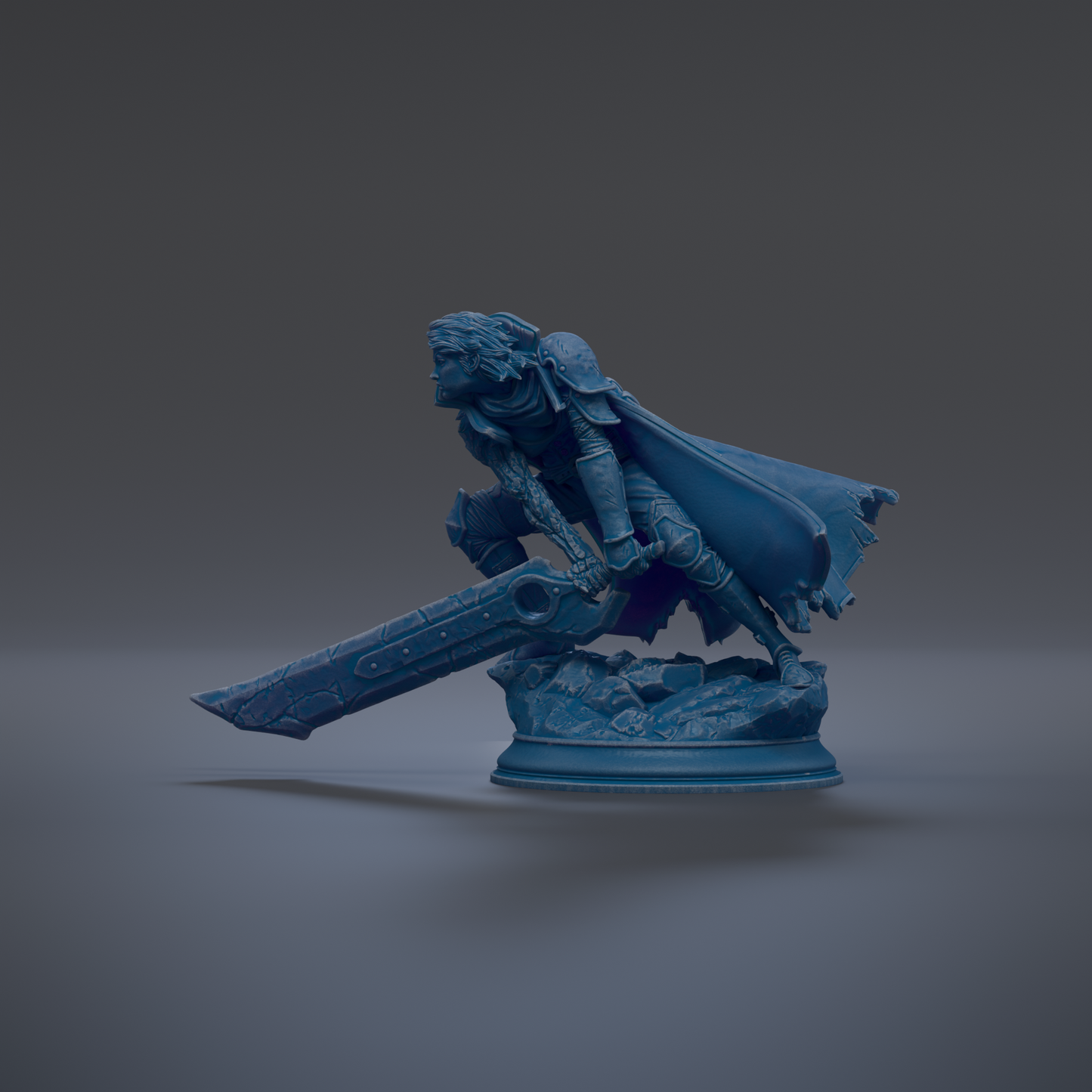 A blue statue of a warrior figure holding a sword and shield, standing on a pedestal against a dark background.