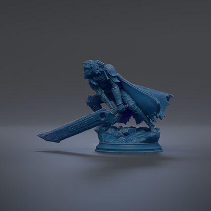 A blue statue of a warrior figure holding a sword and shield, standing on a pedestal against a dark background.