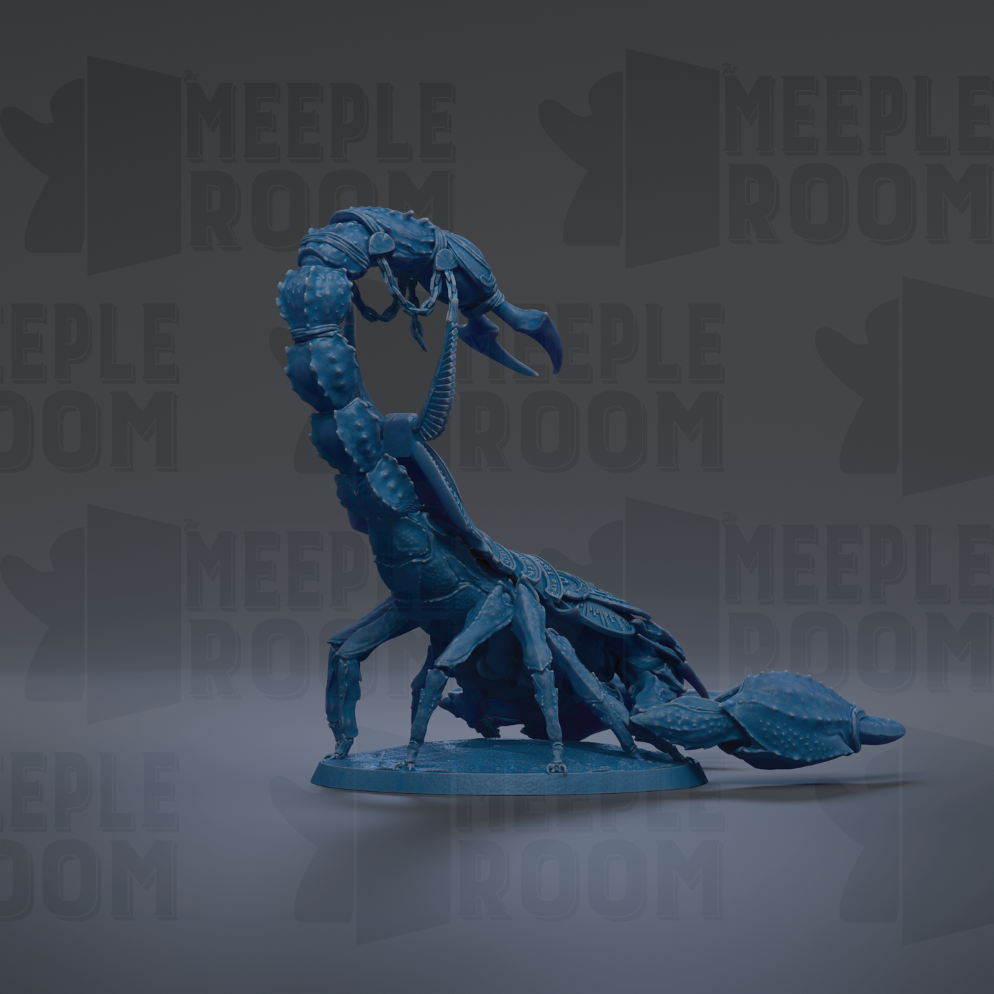 A blue, 3D-rendered model of a scorpion figurine is displayed against a dark background with repeated text.