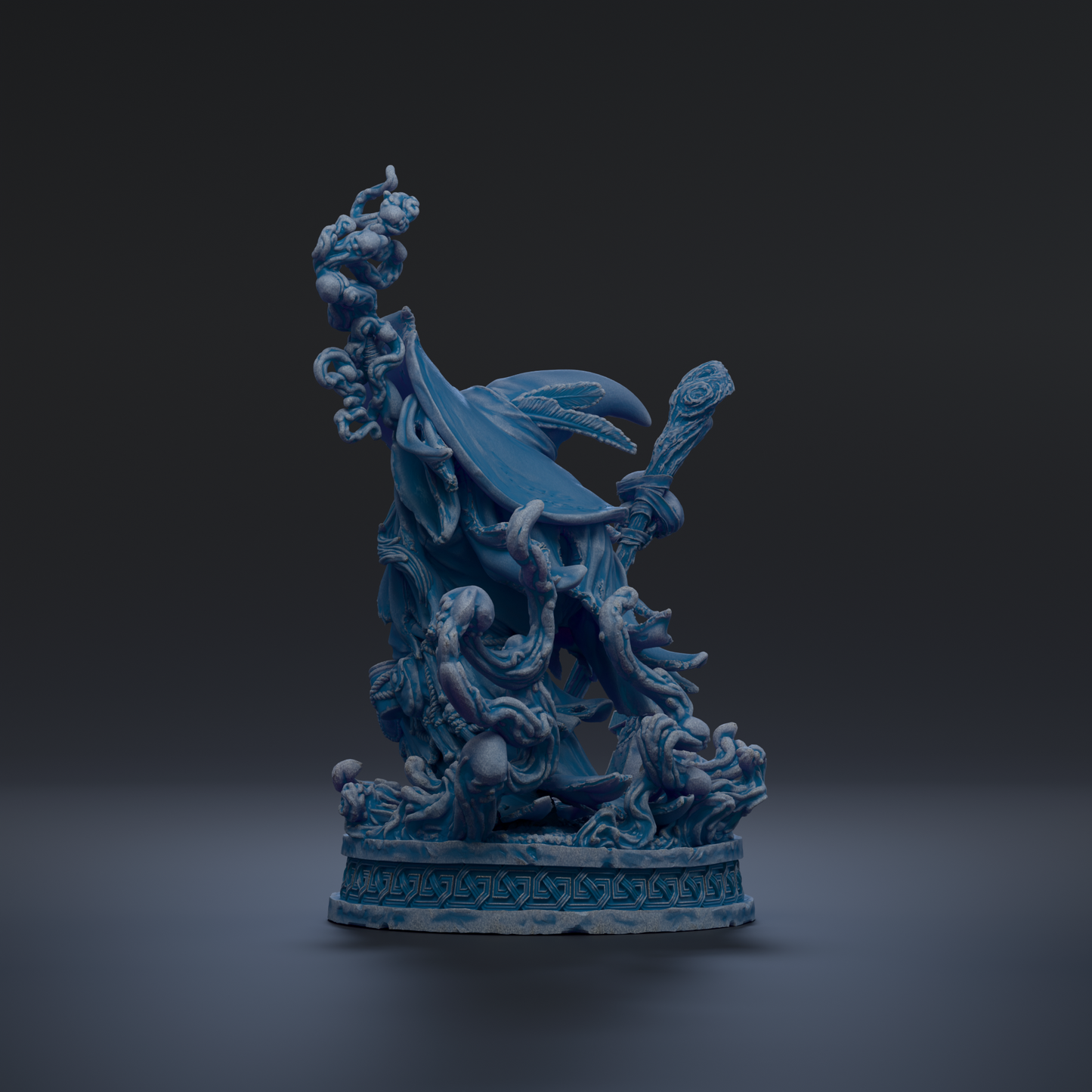 A 3D rendering of a blue, abstract sculpture with intricate, organic shapes and forms.