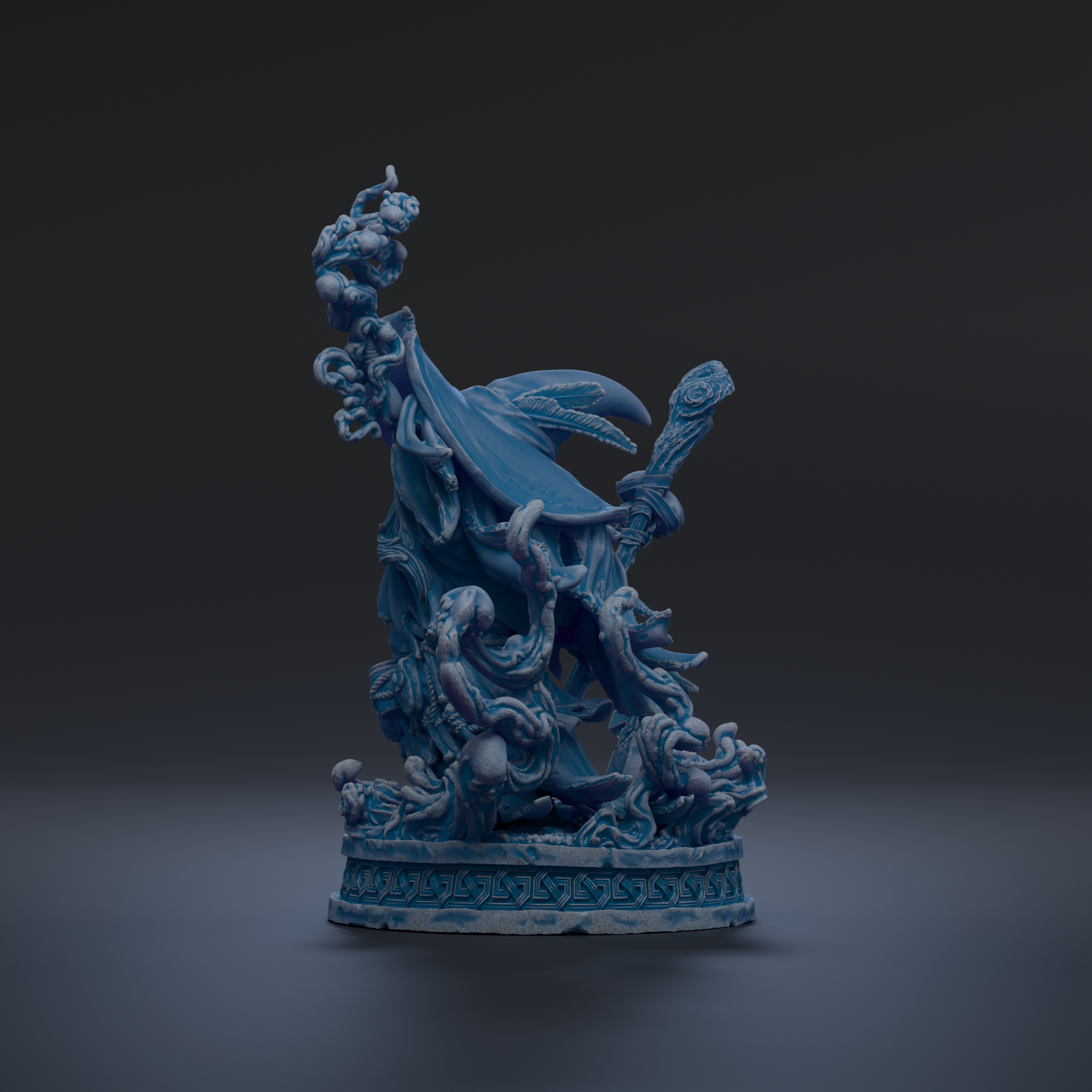 A 3D rendering of a blue, abstract sculpture with intricate, organic shapes and forms.