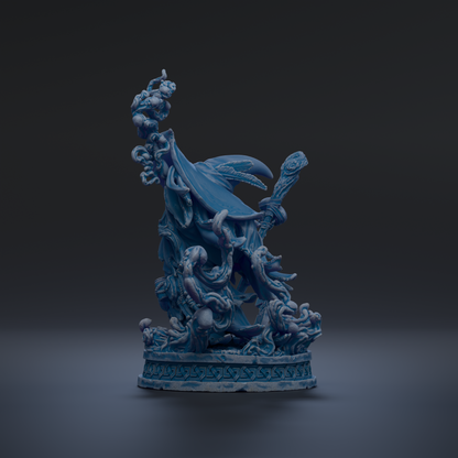 A 3D rendering of a blue, abstract sculpture with intricate, organic shapes and forms.