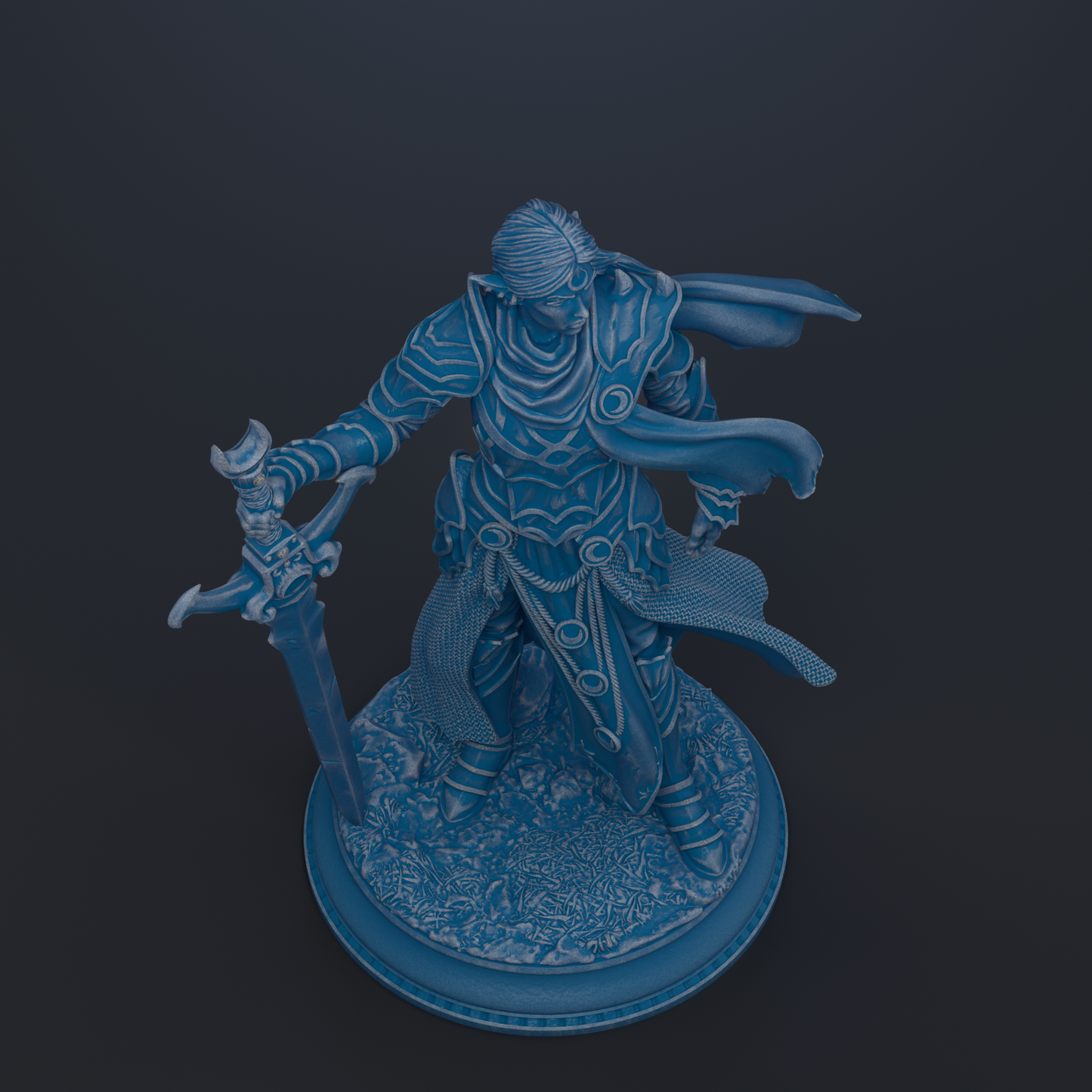 A blue statue of a warrior figure holding a sword and shield, standing on a base with a patterned surface.