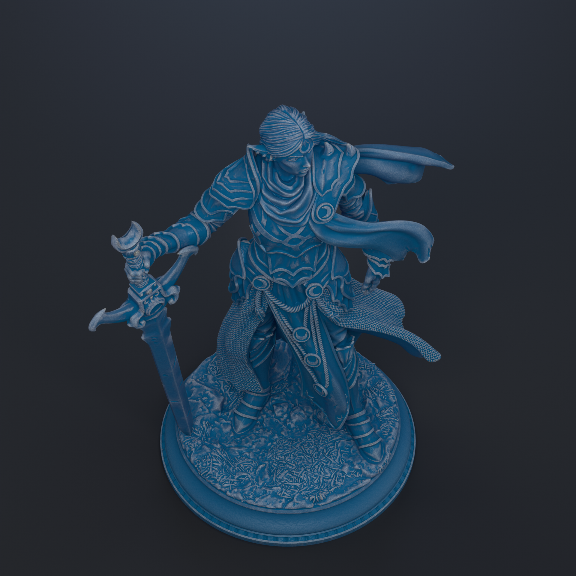 A blue statue of a warrior figure holding a sword and shield, standing on a base with a patterned surface.
