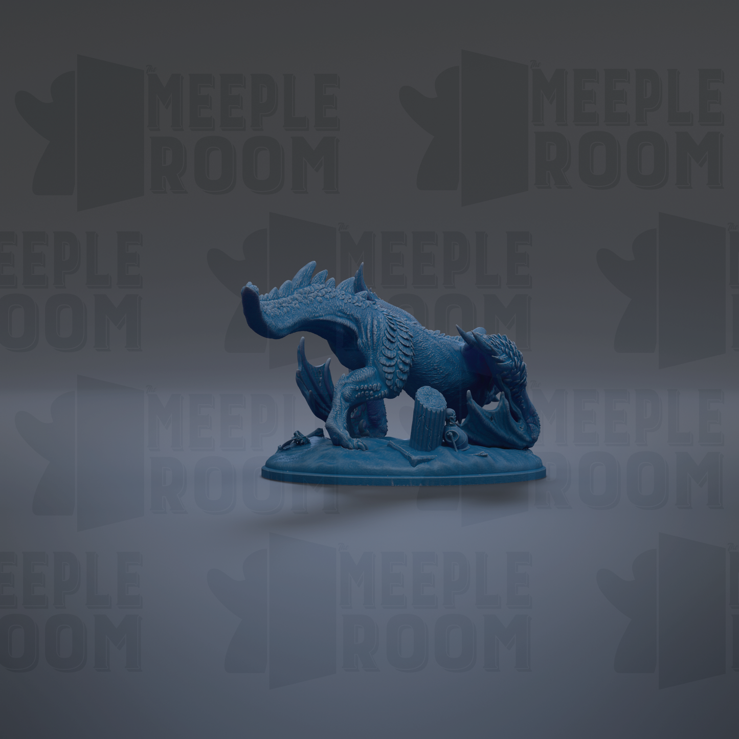 A blue dinosaur figurine is shown against a gray background with repeated "MEIPLE ROOM" text.