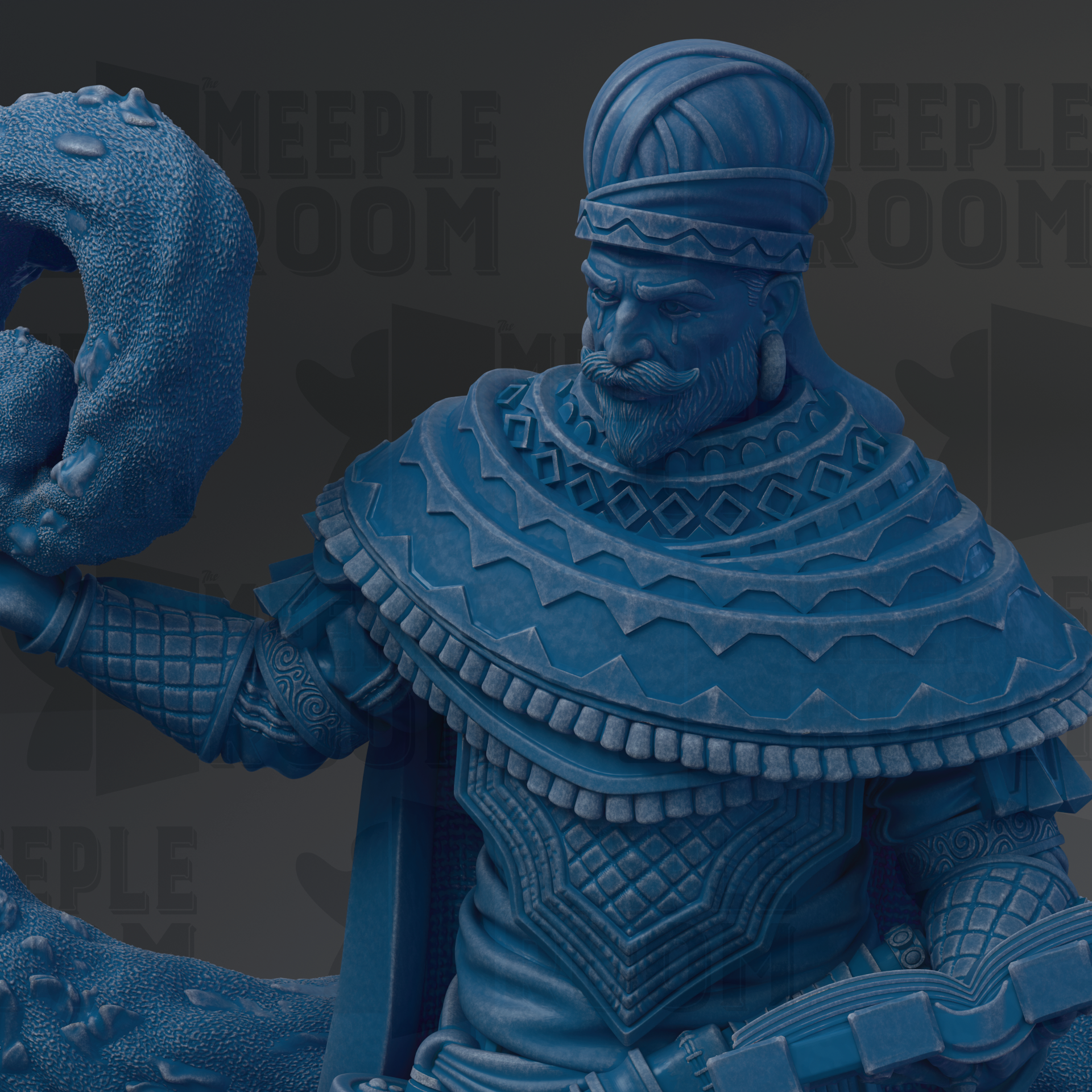 A detailed blue statue of a man with a beard and a crown, holding a large object in his hand.