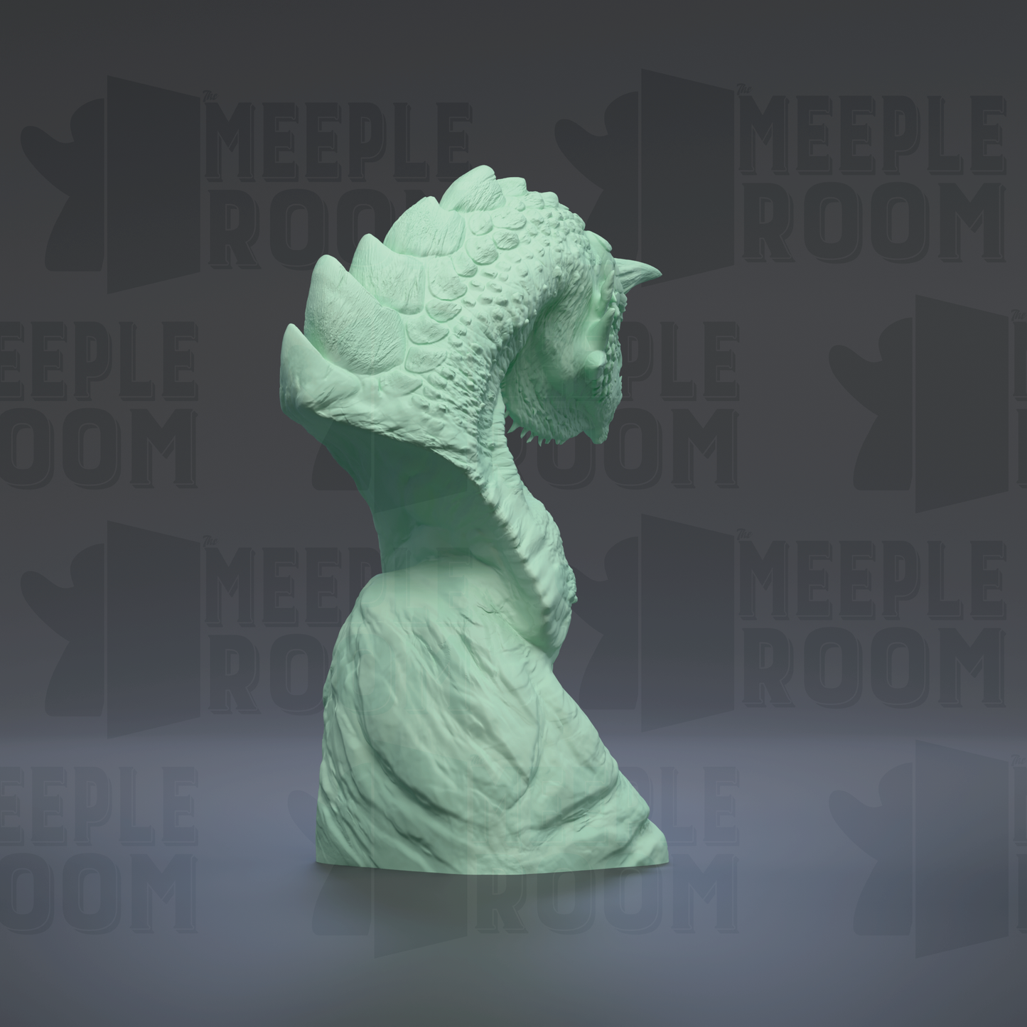 A green, sculpted statue of a dragon-like creature is displayed against a dark background with repeated text.