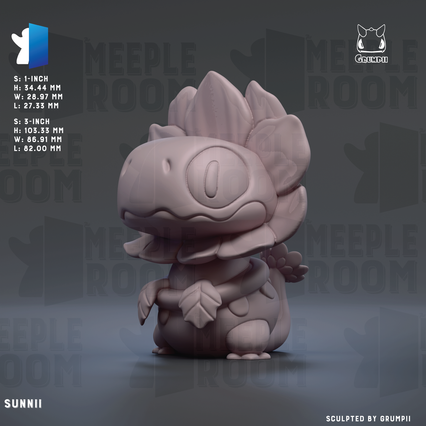 The image is a 3D rendering of a small, light-colored figurine with a flower-like design on its head.