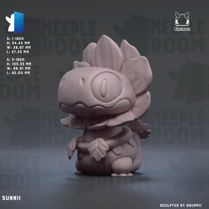 The image is a 3D rendering of a small, light-colored figurine with a flower-like design on its head.
