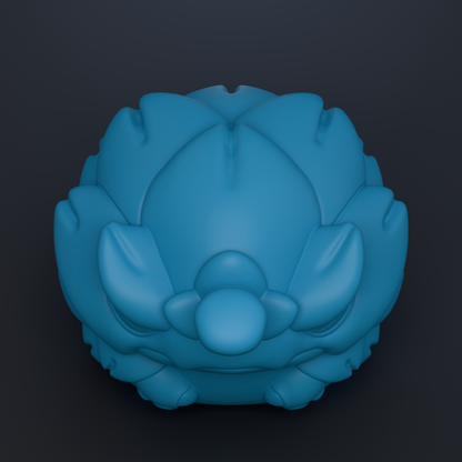 A 3D rendering of a blue, spherical object with a textured surface and a pointed nose.