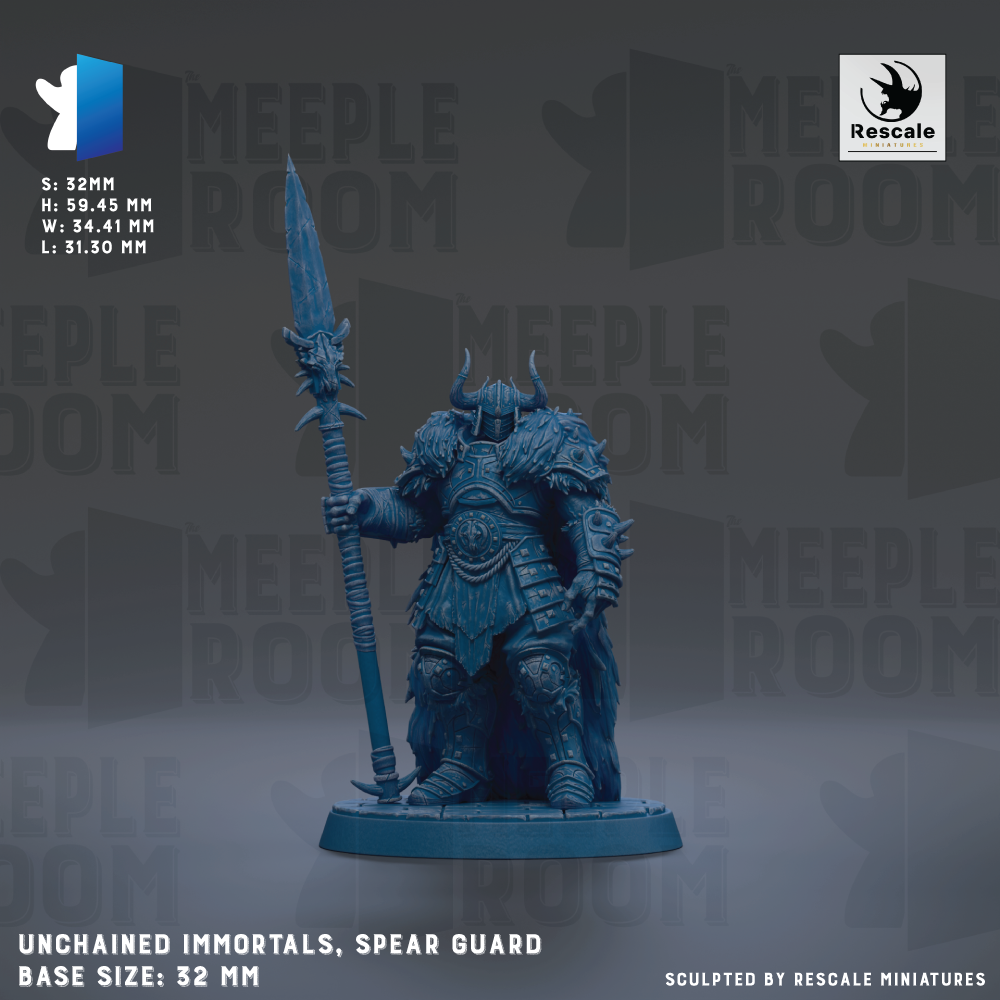 a detailed figurine of a spear-wielding warrior, likely aMEERPLE ROOM character, with a large spear and a blue-colored armor. The figurine is set against a dark background with the text "MEERPLE ROOM" repeated multiple times. The base size of the figurine is 32mm.