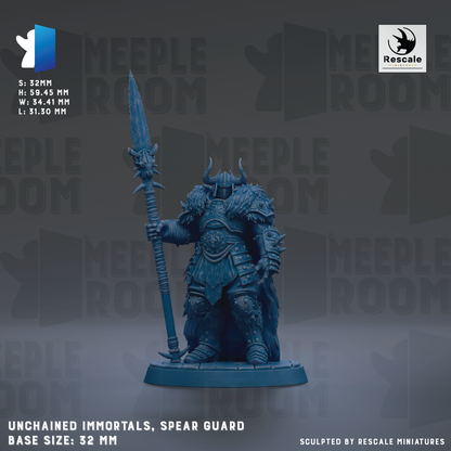 a detailed figurine of a spear-wielding warrior, likely aMEERPLE ROOM character, with a large spear and a blue-colored armor. The figurine is set against a dark background with the text "MEERPLE ROOM" repeated multiple times. The base size of the figurine is 32mm.