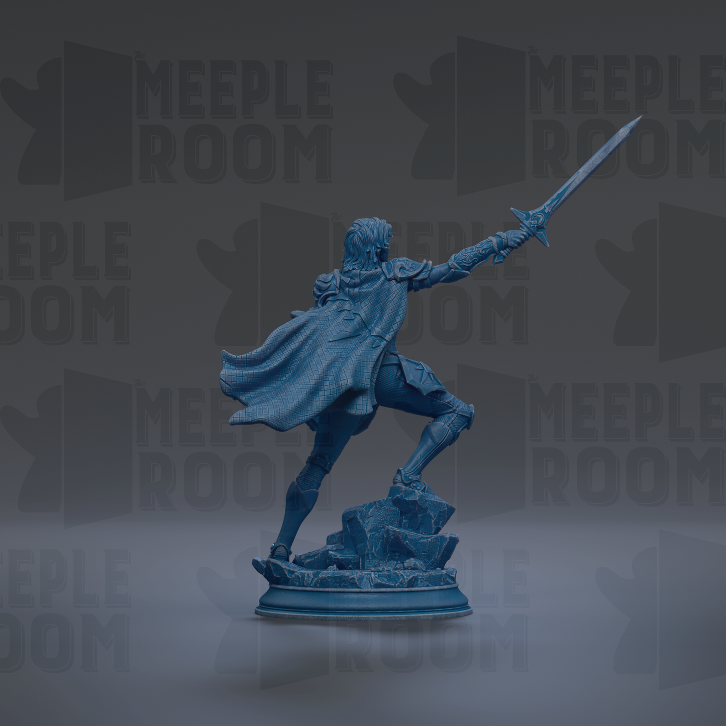 A blue statue of a warrior figure with a sword raised, standing on a rock formation against a dark background with repeated text.