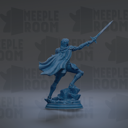 A blue statue of a warrior figure with a sword raised, standing on a rock formation against a dark background with repeated text.