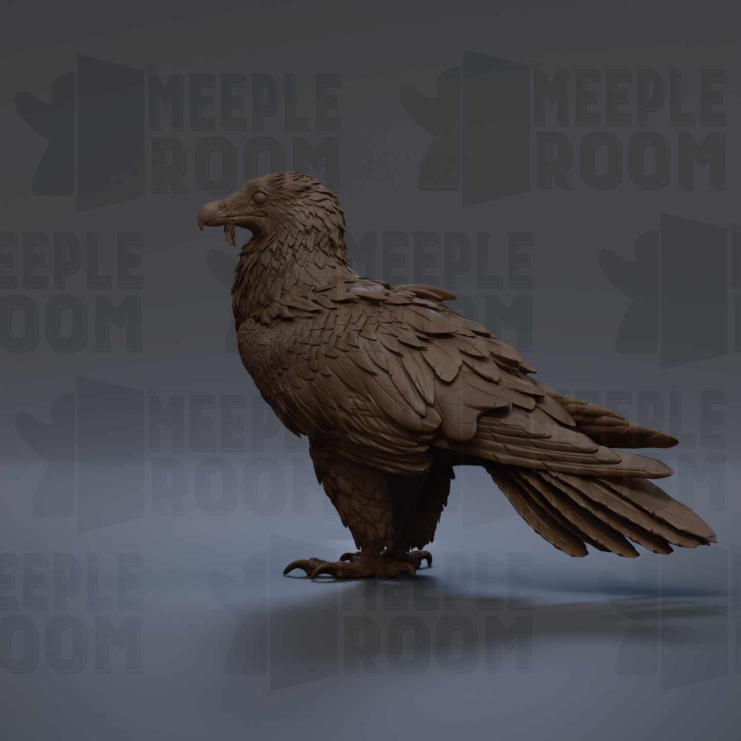 A 3D rendering of a bird, possibly a hawk or eagle, with a textured, brown-colored appearance. The bird is standing on one leg, facing to the right, with its beak open. The background is a dark gray color, and there are repeated instances of the text "MEUPLE ROOM" in the background.