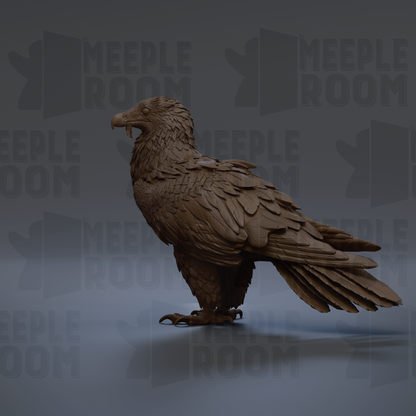A 3D rendering of a bird, possibly a hawk or eagle, with a textured, brown-colored appearance. The bird is standing on one leg, facing to the right, with its beak open. The background is a dark gray color, and there are repeated instances of the text "MEUPLE ROOM" in the background.