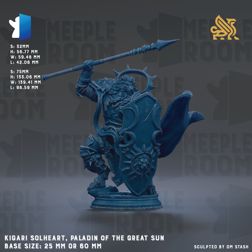 a blue warrior figure, specifically Kigari Solheheart, the paladin of the great sun, standing on a pedestal and holding a spear. The base size of the figure is either 25mm or 60mm.