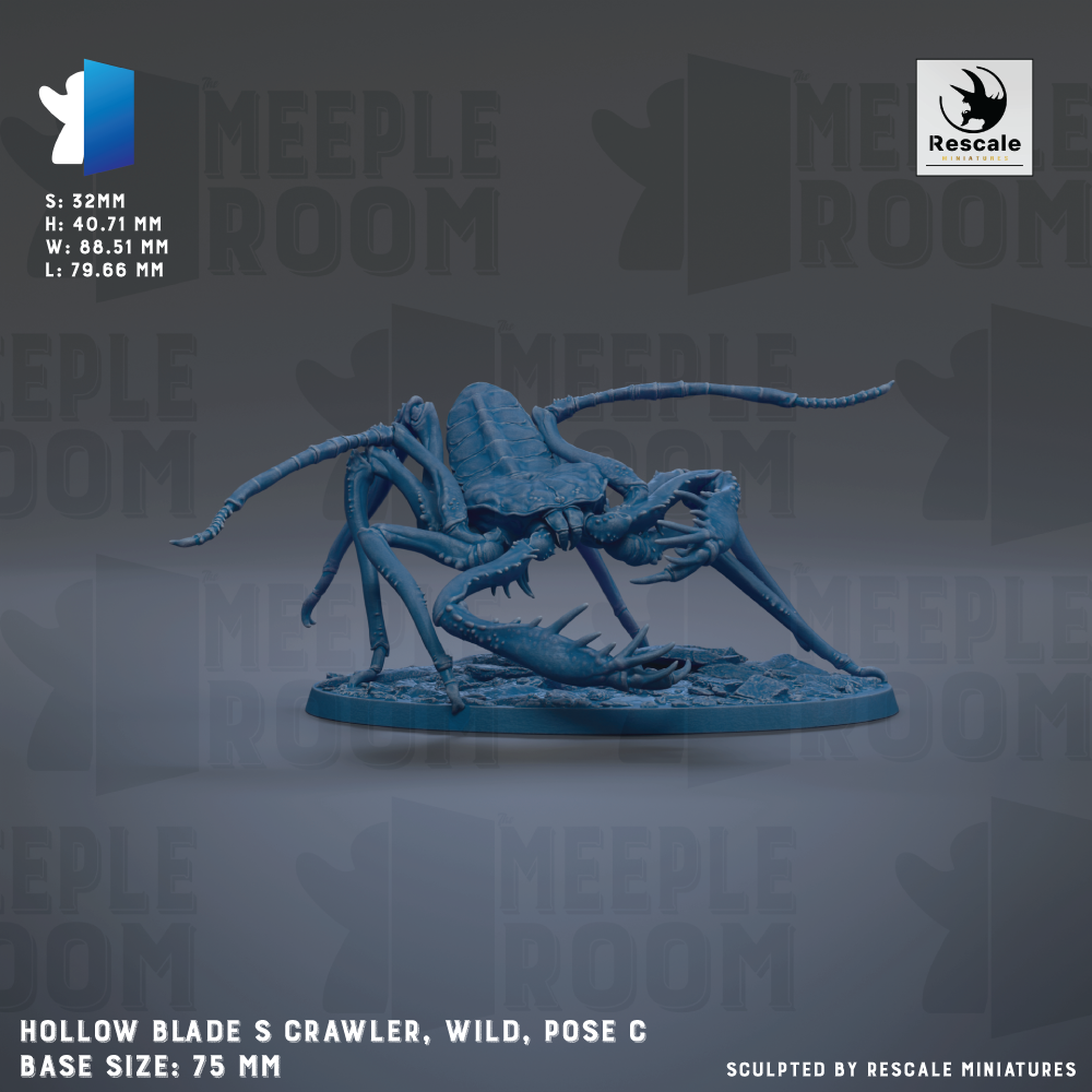 The image is a detailed 3D model of a meadow crab, which is a type of insect-like creature. The crab is shown in a crouched position, with its legs spread out and its claws extended. The image is described as a "Hollow Blade S Crawler, Wild, Pose C" and is shown in a base size of 75 mm. The image is a sculpture, and it is described as being "sculpted by Rescue miniatures".