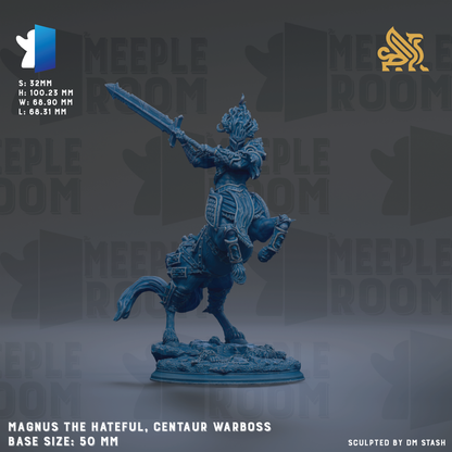 a statue of a warrior figure, specifically a Centaur Warboss, with a sword in hand. The statue is mounted on a base and is described as a "Magus the Hateful, Centaur Warboss" with a base size of 50mm.