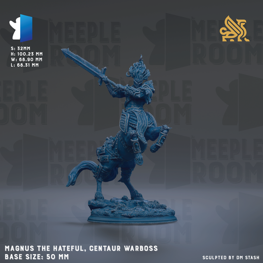 a statue of a warrior figure, specifically a Centaur Warboss, with a sword in hand. The statue is mounted on a base and is described as a "Magus the Hateful, Centaur Warboss" with a base size of 50mm.