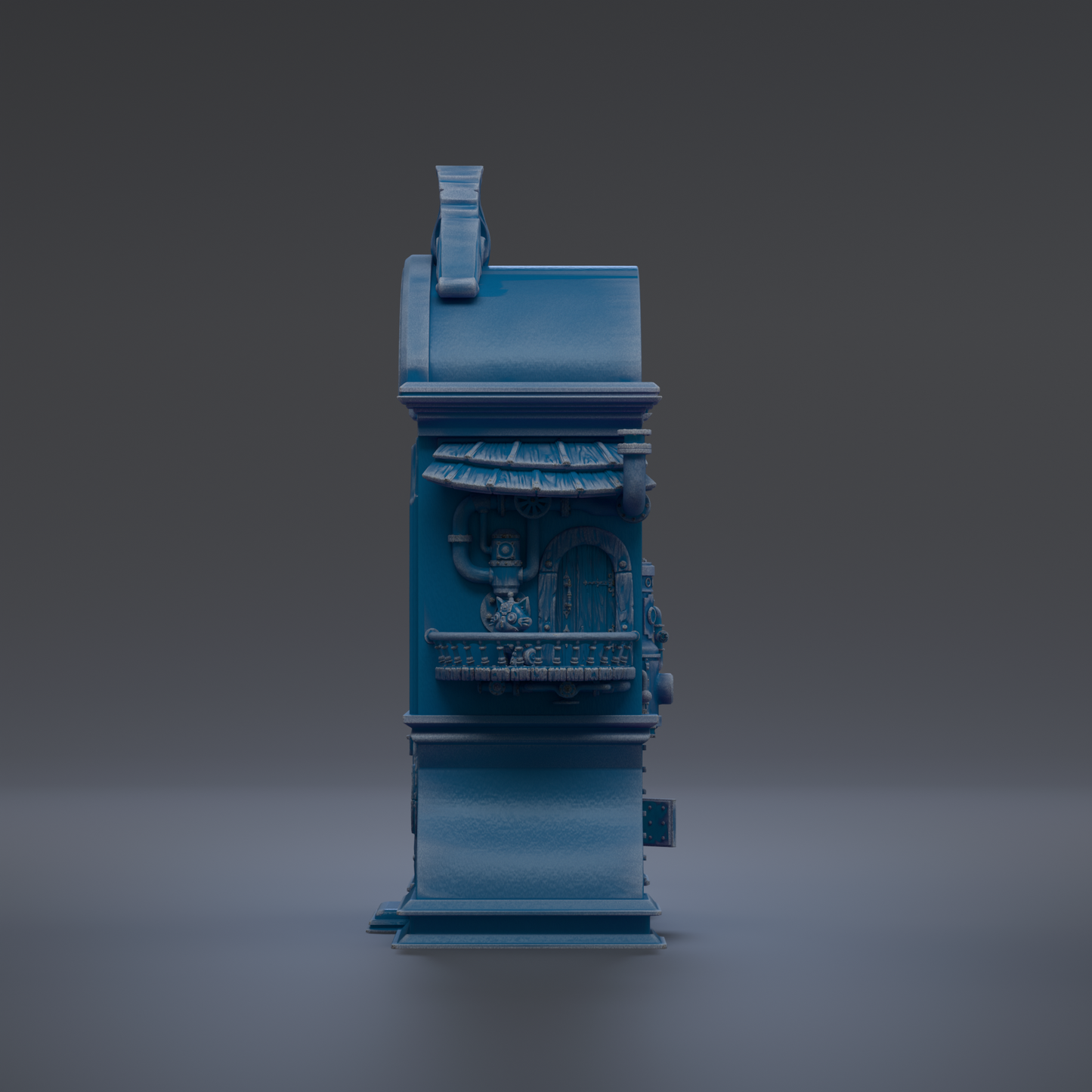 A blue, 3D-rendered model of a small, ornate building with a chimney and a balcony.
