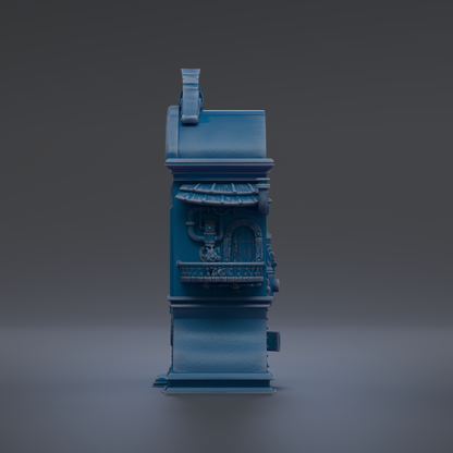 A blue, 3D-rendered model of a small, ornate building with a chimney and a balcony.
