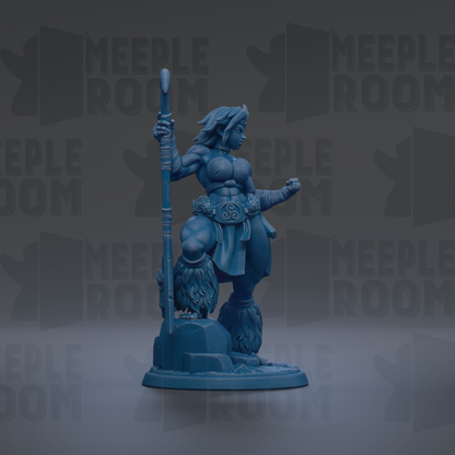 A blue figurine of a warrior standing on a rock, holding a staff and a shield, against a dark background with repeated text.