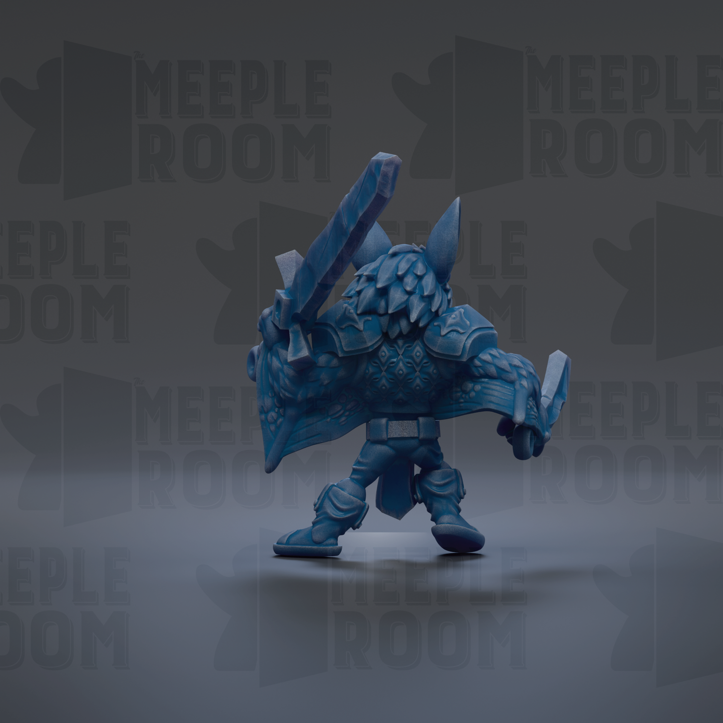 A blue, armored character with a sword stands in the center of the image against a dark background with repeated text.