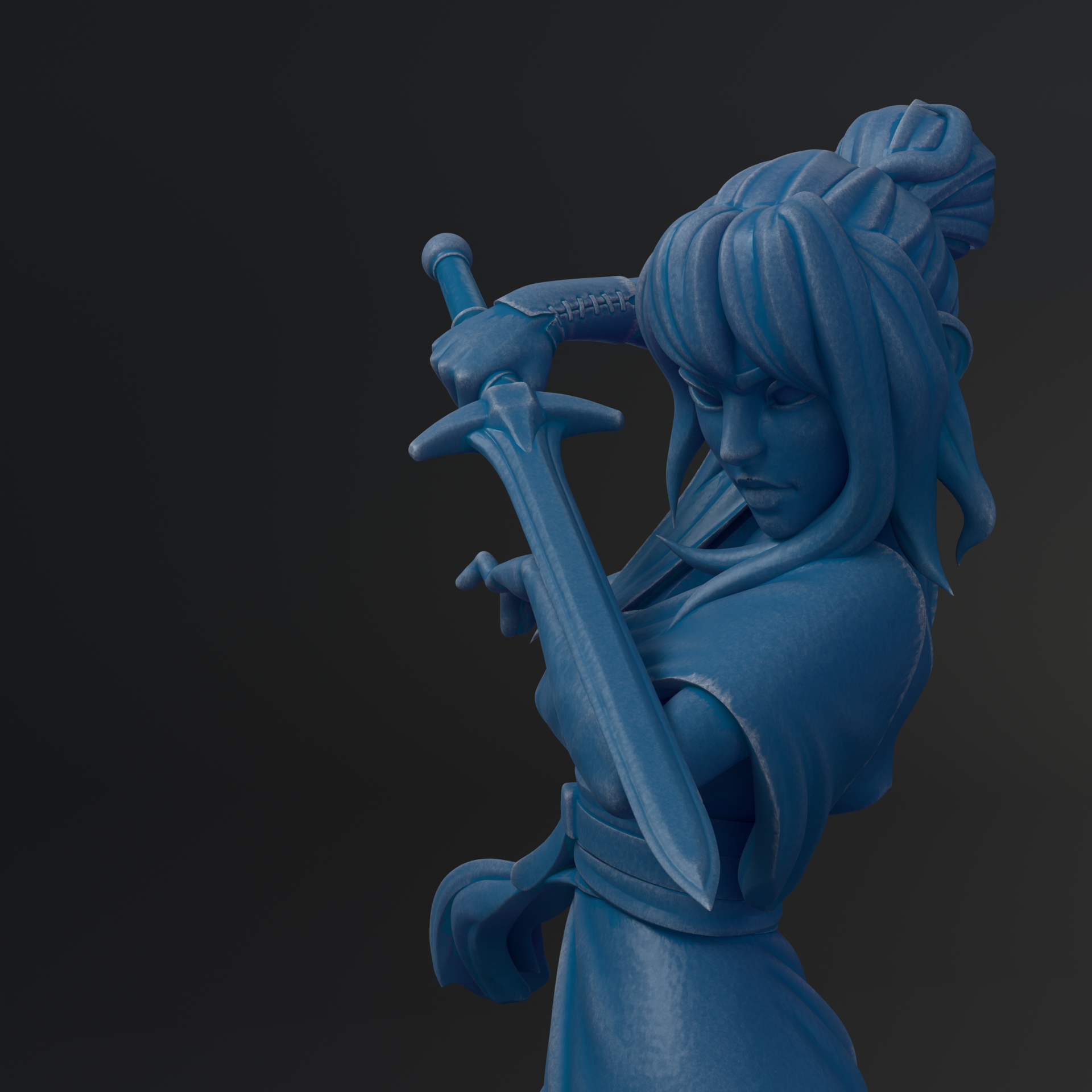 A blue 3D model of a female character holding a sword and looking intently to the side.