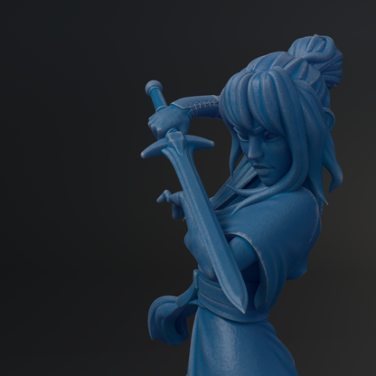 A blue 3D model of a female character holding a sword and looking intently to the side.