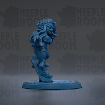 A blue figurine of a person riding a skateboard is shown against a dark background with repeated text.