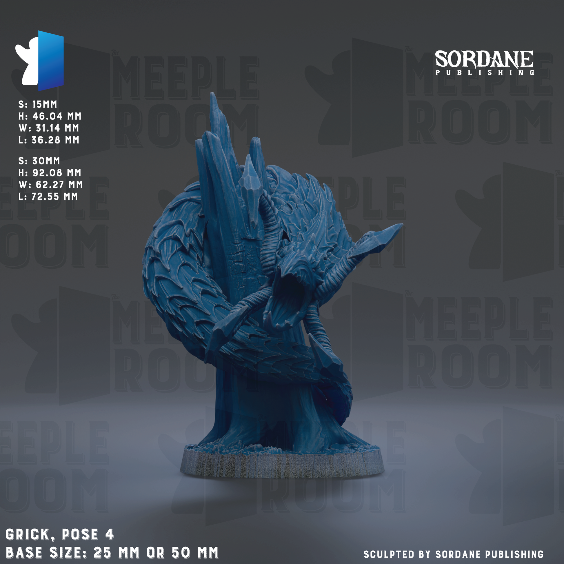 The image is a 3D rendering of a blue dragon statue, with the dragon's head and body prominently displayed. The dragon is shown in a pose, with its mouth open and its head tilted to the side. The image is a 3D model of the dragon, and it is described as a "grick, pose 4" statue. The base sizes of the statue are 25 mm or 50 mm. The image is published by Sordane Publishing.