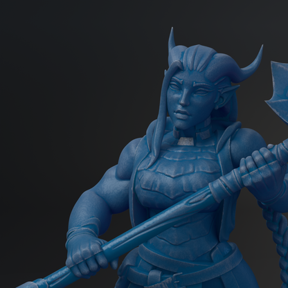 A blue, 3D-rendered statue of a female character with horns, holding a weapon and standing in a fighting stance.