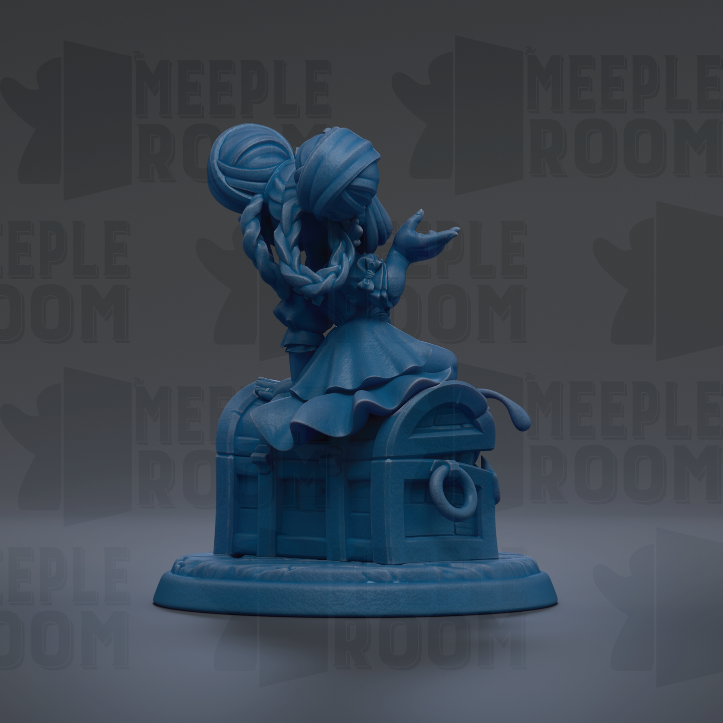 A blue figurine of a person with braided hair and a flowing skirt, sitting atop a chest with a lock, against a dark background with repeated text.