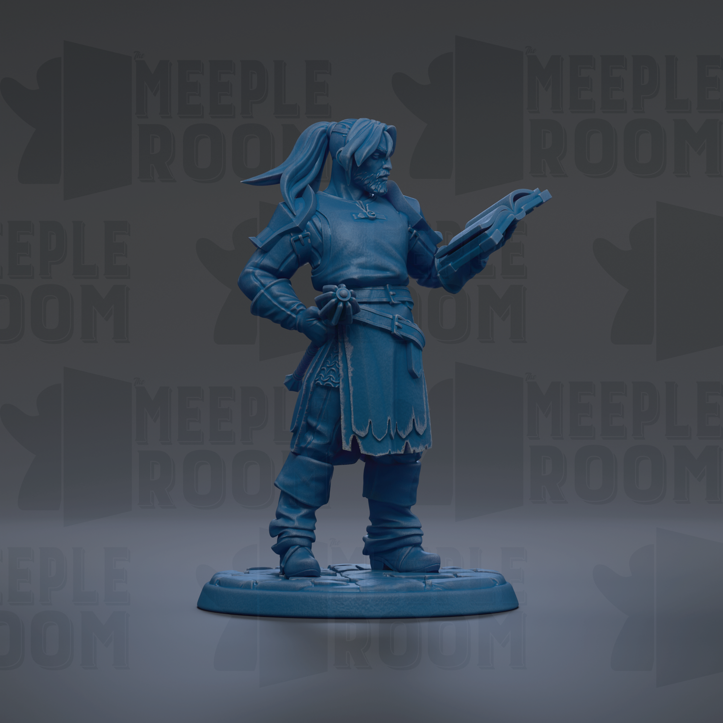 A blue figurine of a person standing on a platform, holding a book or object in their hand.